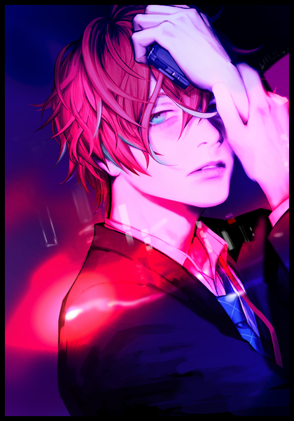Anime picture 1200x1714 with hypnosis mic kannonzaka doppo 9ibem single tall image looking at viewer fringe short hair blue eyes hair between eyes pink hair parted lips realistic border portrait hand on head holding arm boy mobile phone smartphone