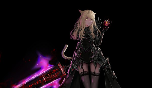 Anime picture 6000x3500 with final fantasy final fantasy xiv square enix miqo'te huijin zhi ling single long hair looking at viewer fringe highres simple background blonde hair wide image standing holding animal ears yellow eyes absurdres tail animal tail