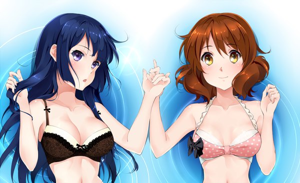 Anime picture 1259x768 with hibike! euphonium kyoto animation kousaka reina oumae kumiko qiuzhi huiyi long hair looking at viewer blush short hair breasts open mouth light erotic smile brown hair wide image purple eyes multiple girls brown eyes blue hair girl