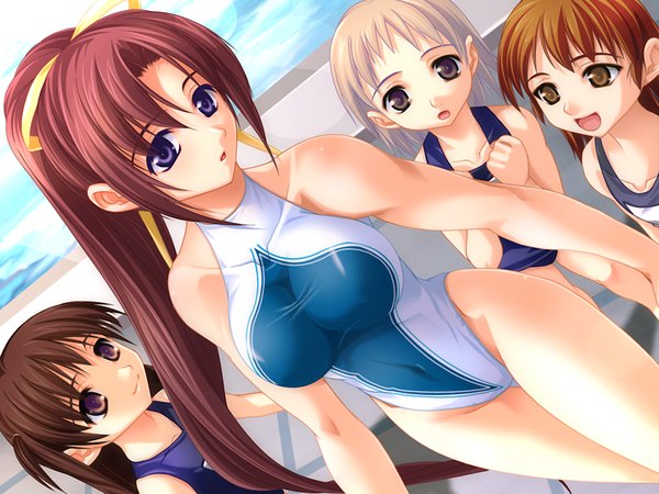 Anime picture 1200x900 with aneimo blue eyes light erotic brown hair multiple girls brown eyes game cg red hair girl swimsuit 4 girls