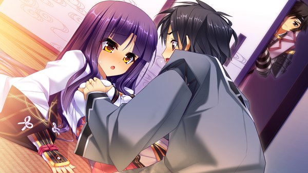 Anime picture 1280x720 with sengoku hime 4 long hair blush short hair open mouth black hair wide image yellow eyes game cg purple hair traditional clothes breast grab girl boy