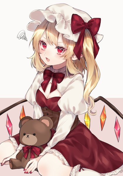Anime picture 1226x1750 with touhou flandre scarlet youtan single long hair tall image looking at viewer open mouth blonde hair red eyes sitting cleavage nail polish :d pointy ears puffy sleeves one side up wariza red nail polish girl