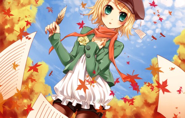 Anime picture 2599x1665 with vocaloid kagamine rin yayoi (egoistic realism) single blush highres short hair blonde hair green eyes wind autumn girl plant (plants) tree (trees) jacket scarf leaf (leaves) paper flat cap autumn leaves