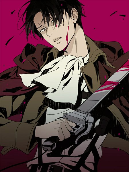 Anime picture 600x800 with shingeki no kyojin production i.g levi (rivaille) matsuo shin single tall image short hair open mouth black hair simple background black eyes looking down pink background blood on face blood stains bloody weapon boy weapon sword blood