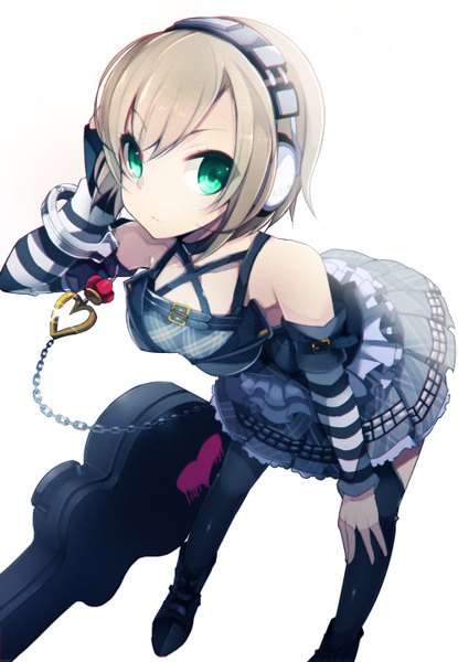 Anime picture 1000x1444 with idolmaster idolmaster cinderella girls anastasia (idolmaster) tetsubuta single tall image looking at viewer short hair simple background blonde hair white background green eyes girl thighhighs dress black thighhighs detached sleeves headphones chain