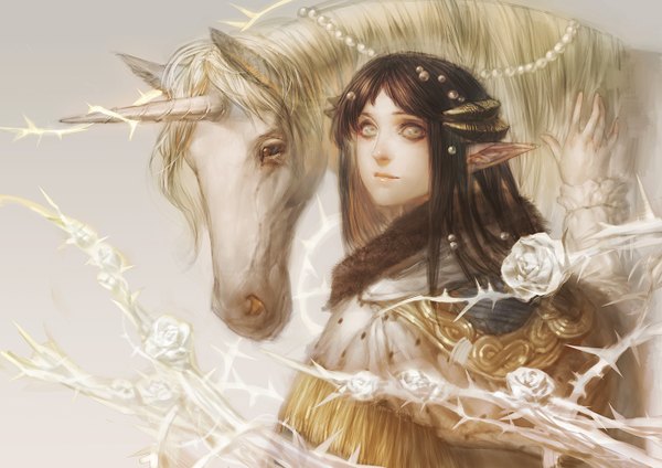 Anime picture 1400x990 with original pixiv fantasia pixiv fantasia new world etmisa long hair brown hair looking back horn (horns) pointy ears grey background grey eyes girl flower (flowers) animal fur cape thorns pearls unicorn