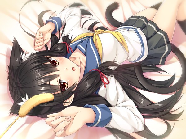 Anime picture 1600x1200 with kantai collection isokaze destroyer moeki yuuta single long hair looking at viewer blush fringe short hair open mouth black hair brown eyes animal ears bent knee (knees) tail lying nail polish animal tail pleated skirt fingernails