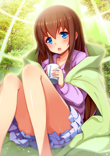 Anime picture 1240x1754 with original nerv110 single long hair tall image blush open mouth blue eyes brown hair bare legs girl skirt plant (plants) tree (trees) mug