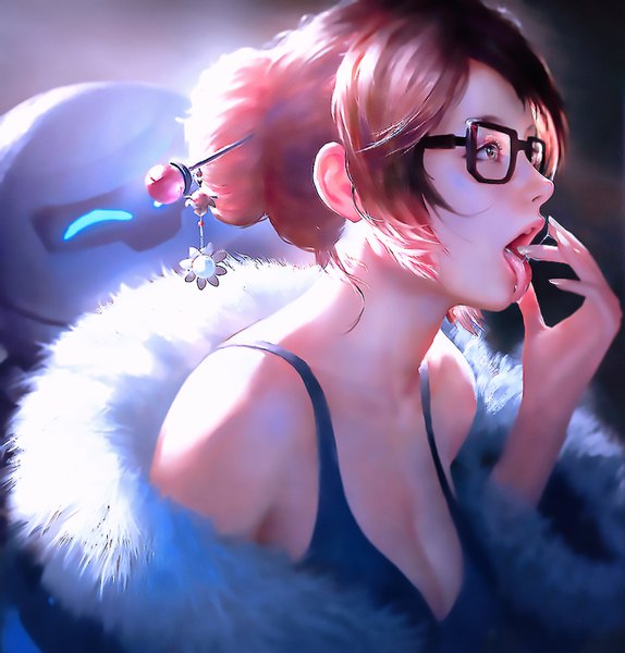 Anime picture 2715x2839 with overwatch blizzard entertainment mei (overwatch) snowball (overwatch) wang chen physicaligraphy tall image highres open mouth brown hair looking away cleavage profile fingernails realistic hair bun (hair buns) fur trim saliva long fingernails licking