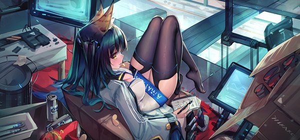 Anime picture 1500x700 with original dk.senie single long hair fringe breasts wide image large breasts holding animal ears yellow eyes blue hair full body bent knee (knees) indoors tail animal tail gradient background mouth hold leg lift (legs lift)
