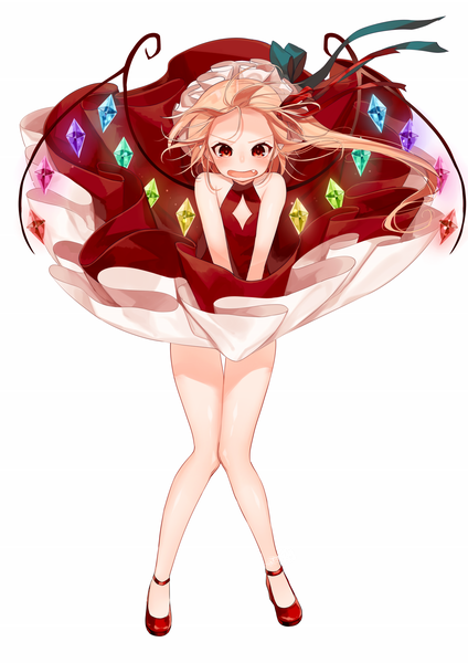 Anime picture 1447x2046 with touhou flandre scarlet gotoh510 single tall image blush short hair open mouth light erotic simple background blonde hair red eyes standing white background signed full body pointy ears bare legs fang (fangs) embarrassed