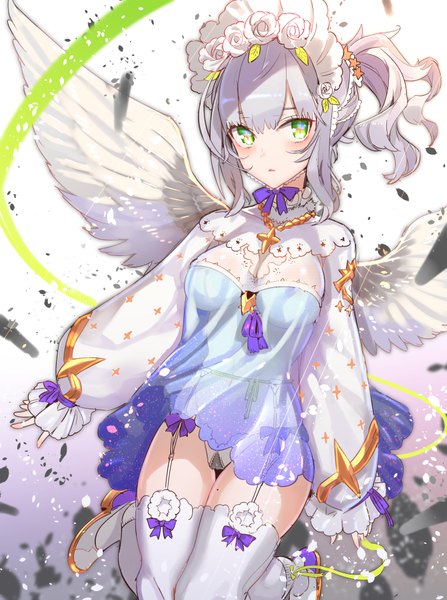 Anime picture 700x940 with original tajima ryuushi single tall image looking at viewer blush fringe short hair breasts light erotic green eyes payot parted lips grey hair mole thigh gap side ponytail sleeves past wrists symbol-shaped pupils white wings