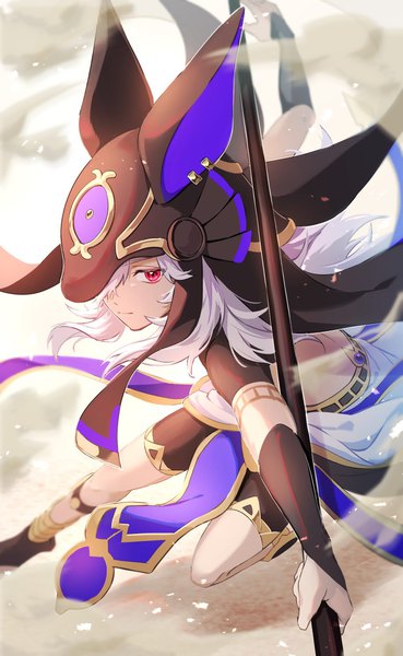 Anime picture 914x1486 with genshin impact cyno (genshin impact) areito single long hair tall image fringe red eyes looking away silver hair traditional clothes hair over one eye egyptian clothes boy weapon headdress spear