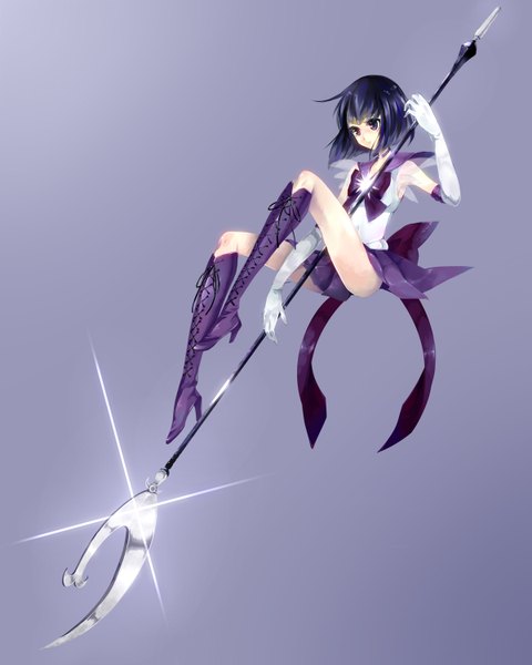 Anime picture 1200x1500 with bishoujo senshi sailor moon toei animation sailor saturn hachimaru (ediciusa) single tall image short hair light erotic simple background purple eyes blue hair high heels lacing weightlessness girl skirt gloves bow weapon miniskirt