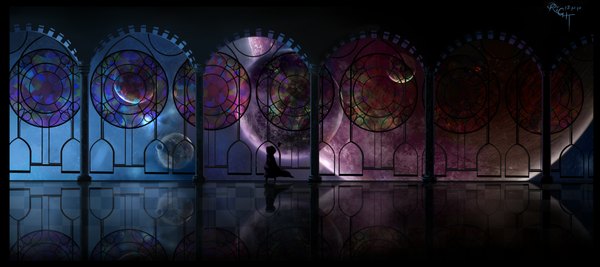 Anime picture 3700x1650 with original oright highres wide image sky reflection dark background fantasy checkered floor scenic floor silhouette window hood cloak planet stained glass