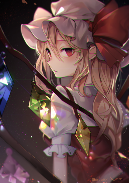 Anime picture 2480x3508 with touhou flandre scarlet unity (ekvmsp02) single long hair tall image looking at viewer blush fringe highres simple background blonde hair hair between eyes red eyes standing signed payot looking back pointy ears from behind