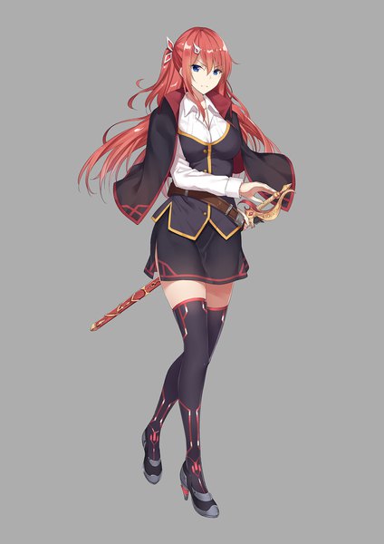 Anime picture 1200x1697 with original rong yi tan single long hair tall image looking at viewer fringe blue eyes simple background hair between eyes standing full body red hair long sleeves grey background high heels sheathed frown >:( ready to draw