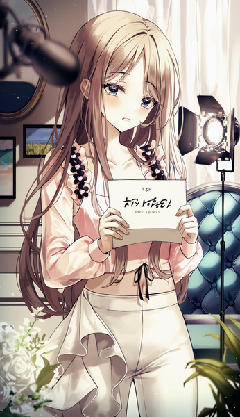 Anime picture 2639x4578 with original jjuha6 single long hair tall image looking at viewer blush fringe highres blue eyes brown hair standing holding indoors long sleeves parted lips mole midriff mole under eye text