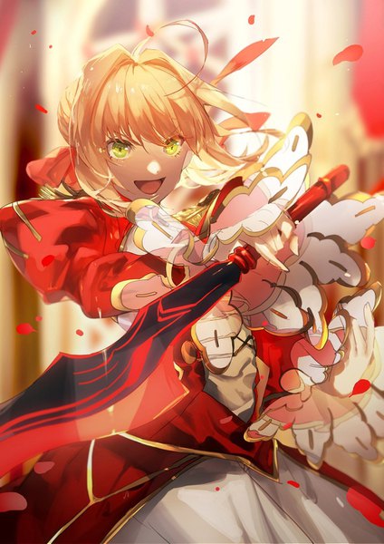 Anime picture 1000x1414 with fate (series) fate/extra nero claudius (fate) nero claudius (fate/extra) no-kan single tall image fringe short hair open mouth blonde hair green eyes looking away ahoge girl dress weapon petals sword epaulettes