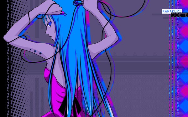 Anime-Bild 1920x1200 mit karakuri odette odette yoshizawa single long hair highres blue eyes wide image blue hair looking back girl dress wire (wires)