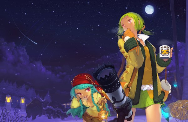 Anime picture 1400x911 with mabinogi toro long hair short hair multiple girls cloud (clouds) braid (braids) pink eyes green hair aqua hair night twin braids winter snow shooting star cold girl 2 girls animal moon