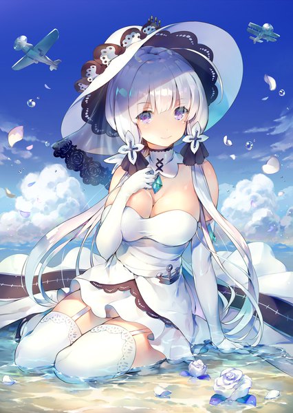 Anime picture 1200x1690 with azur lane illustrious (azur lane) deecha single long hair tall image looking at viewer blush breasts sitting twintails purple eyes bare shoulders sky cleavage silver hair cloud (clouds) full body ahoge bent knee (knees)