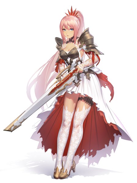 Anime picture 5242x7000 with tales of (series) tales of arise shionne (tales) q18607 single long hair tall image looking at viewer blush fringe highres breasts blue eyes simple background hair between eyes standing white background holding payot pink hair