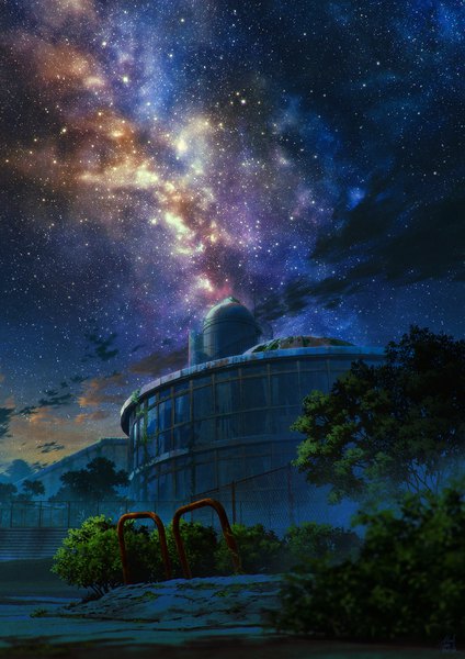 Anime picture 935x1322 with original mocha (cotton) tall image sky cloud (clouds) no people scenic fog plant (plants) tree (trees) building (buildings) star (stars) stairs fence bushes chain-link fence