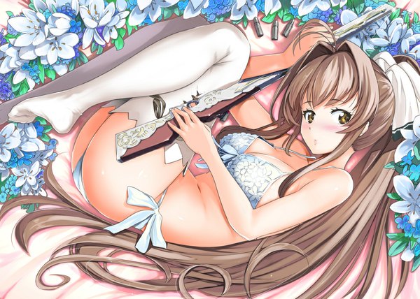 Anime picture 1000x714 with amagi brilliant park kyoto animation sento isuzu nylon single long hair looking at viewer blush light erotic brown hair brown eyes ponytail underwear only girl thighhighs underwear panties flower (flowers) weapon white thighhighs