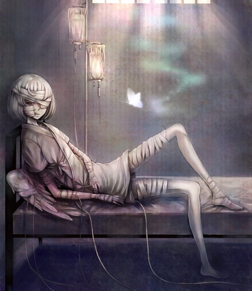 Anime picture 910x1050 with original clona single tall image short hair red eyes grey hair sunlight looking down reclining angel wings bandage over one eye girl wings insect bed butterfly bandage (bandages) intravenous drip