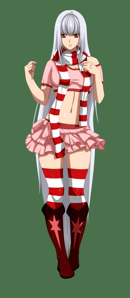 Anime picture 1000x2287 with nekanon aida (nekanon) flowerinhell single long hair tall image looking at viewer fringe breasts blonde hair simple background smile red eyes large breasts standing bare shoulders silver hair midriff eyes girl