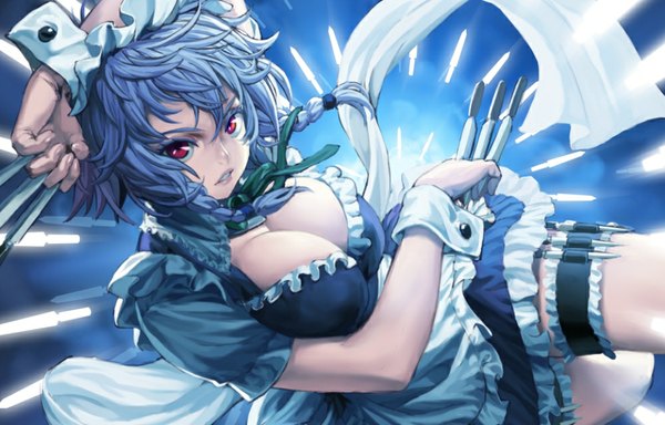 Anime picture 1000x640 with touhou izayoi sakuya cozy single looking at viewer fringe short hair breasts light erotic red eyes large breasts cleavage braid (braids) lips aqua hair twin braids glowing girl ribbon (ribbons) weapon