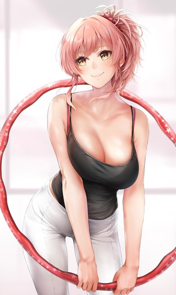 Anime picture 2720x4549 with idolmaster idolmaster cinderella girls jougasaki mika khanka shui single tall image blush fringe highres short hair breasts light erotic smile large breasts standing bare shoulders holding yellow eyes payot looking away