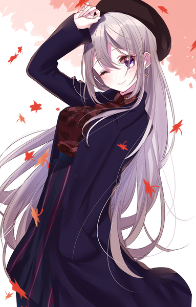 Anime picture 1277x2000 with virtual youtuber nijisanji higuchi kaede sinsihukunokonaka single long hair tall image blush fringe breasts simple background smile hair between eyes purple eyes payot long sleeves head tilt arm up wind grey hair