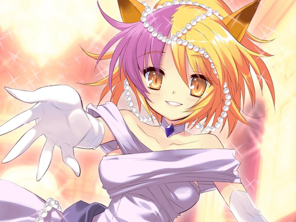 Anime picture 1600x1200 with alice parade kimagure neko itou noiji single looking at viewer blush short hair open mouth blonde hair bare shoulders animal ears yellow eyes pink hair game cg ponytail multicolored hair cat ears two-tone hair teeth cat girl
