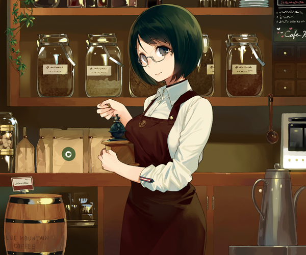 Anime picture 817x683 with original sasamori tomoe single looking at viewer short hair black hair smile standing holding indoors inscription grey eyes girl shirt glasses white shirt apron teapot coffee paper bag