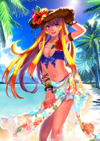 Anime picture 1240x1754 with original katagiri hachigou single tall image looking at viewer fringe breasts open mouth light erotic blonde hair smile standing sky cloud (clouds) pink eyes hair flower sunlight beach glowing happy
