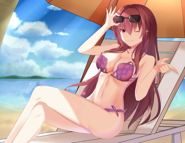 Anime picture 1500x1158 with fate (series) fate/grand order scathach (fate) (all) scathach (swimsuit assassin) (fate) eternity (shadeh) single long hair looking at viewer fringe breasts light erotic hair between eyes large breasts sitting sky cleavage purple hair cloud (clouds) outdoors one eye closed