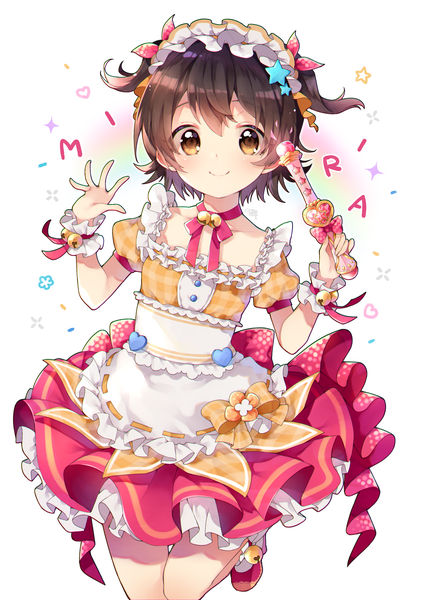 Anime picture 2150x3035 with idolmaster idolmaster cinderella girls idolmaster cinderella girls starlight stage akagi miria risui (suzu rks) single tall image looking at viewer blush highres short hair smile brown hair white background brown eyes two side up puffy sleeves character names bell collar happy whip