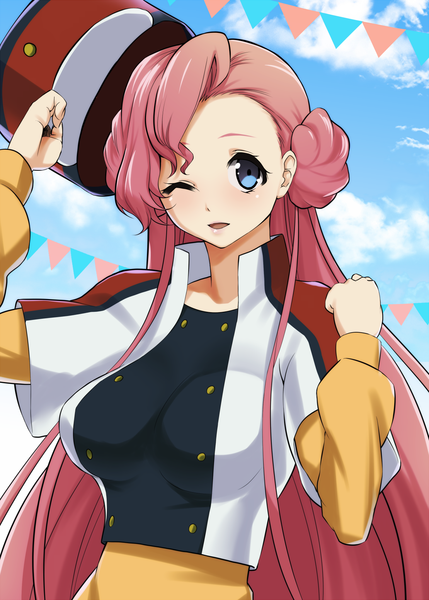 Anime picture 1110x1553 with code geass sunrise (studio) euphemia li britannia mattari yufi (artist) single long hair tall image looking at viewer blush breasts open mouth blue eyes large breasts pink hair sky cloud (clouds) eyes closed hair bun (hair buns) girl uniform