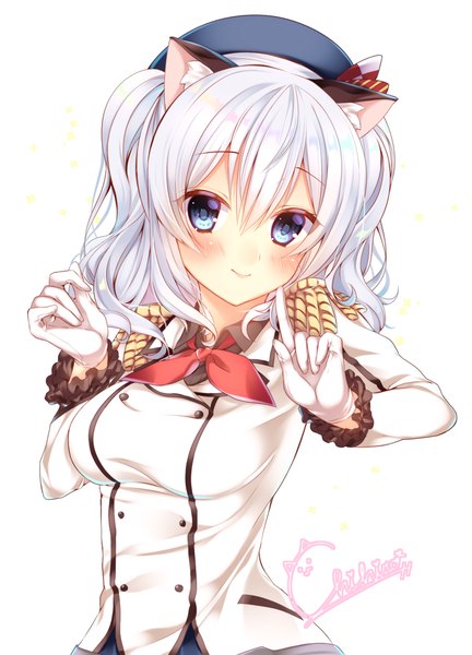 Anime picture 1500x2080 with kantai collection kashima training cruiser chihiro (khorosho) single long hair tall image looking at viewer blush fringe breasts blue eyes simple background smile white background signed animal ears silver hair cat ears sparkle two side up
