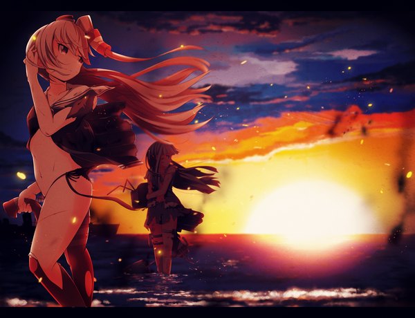Anime picture 1000x767 with kantai collection amatsukaze destroyer hatsukaze destroyer suzumeko long hair light erotic multiple girls brown eyes sky cloud (clouds) white hair looking back black eyes torn clothes side ponytail evening sunset girl thighhighs navel
