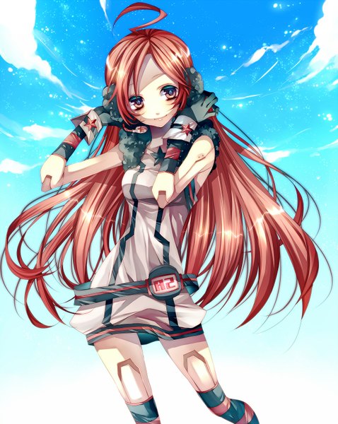 Anime picture 1275x1600 with vocaloid miki (vocaloid) tsukioka tsukiho single long hair tall image smile red eyes standing sky cloud (clouds) ahoge red hair very long hair striped robot joints girl thighhighs gloves star (symbol)
