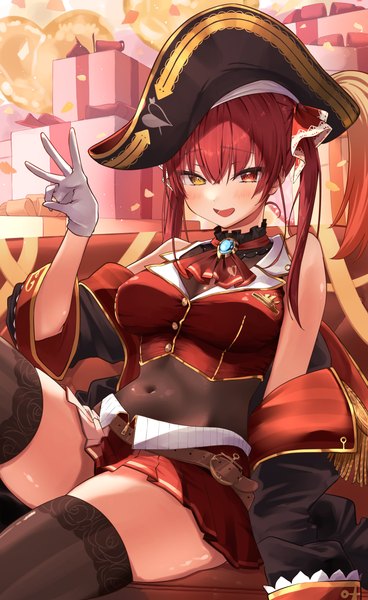 Anime picture 2500x4077 with virtual youtuber hololive houshou marine houshou marine (1st costume) nisi ki no single long hair tall image looking at viewer blush fringe highres open mouth light erotic hair between eyes sitting red hair :d heterochromia girl