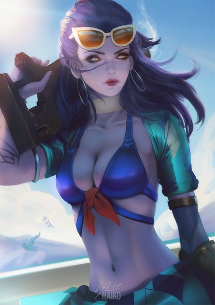 イラスト 848x1200 と オーバーウォッチ blizzard entertainment mercy (overwatch) widowmaker (overwatch) cote d'azur widowmaker ライコ 長髪 長身像 おっぱい light erotic multiple girls holding signed 黄色眼 青い髪 looking away 空 cleavage cloud (clouds) upper body