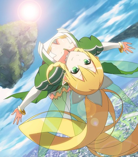 Anime picture 1715x1960 with sword art online a-1 pictures leafa keffiy single long hair tall image highres blonde hair smile green eyes cleavage ponytail sunlight flying upside down weightlessness fairy floating island girl