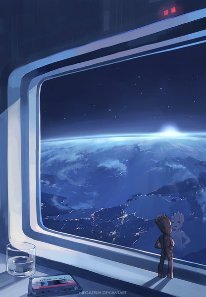 Anime picture 700x1009 with guardians of the galaxy marvel comics groot megatruh single tall image standing signed looking away night shadow night sky watermark light reflection city lights space water window glass