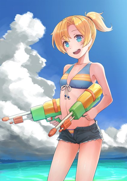 Anime picture 800x1137 with kantai collection maikaze destroyer konnyaku (kk-monmon) single tall image looking at viewer blush fringe short hair open mouth blue eyes blonde hair hair between eyes holding sky cloud (clouds) ponytail :d bare legs swimsuit under clothes