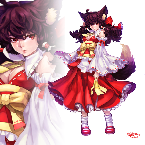 Anime picture 1029x1033 with touhou hakurei reimu bbbox (hotpppink) single long hair tall image fringe red eyes brown hair signed animal ears tail animal tail fingernails lips girl dress skirt bow hair bow