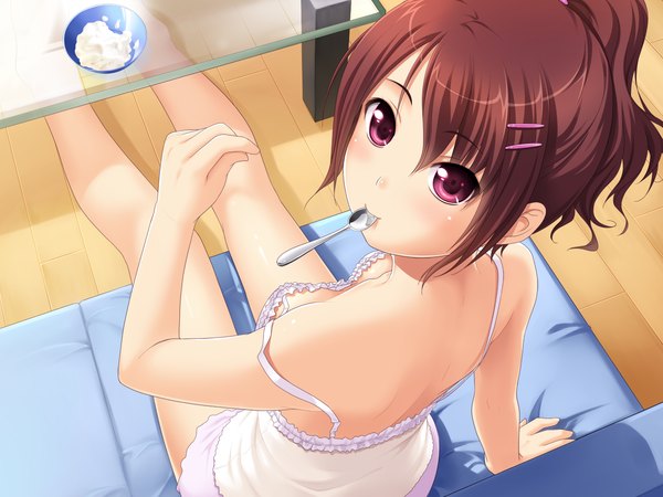 Anime picture 1600x1200 with mebae (game) sakura anna single red eyes brown hair sitting bare shoulders game cg loli strap slip girl hair ornament hairclip